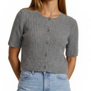 House of Harlow 1960 100% Cashmere Ribbed Short Sleeve Cardigan Greyish